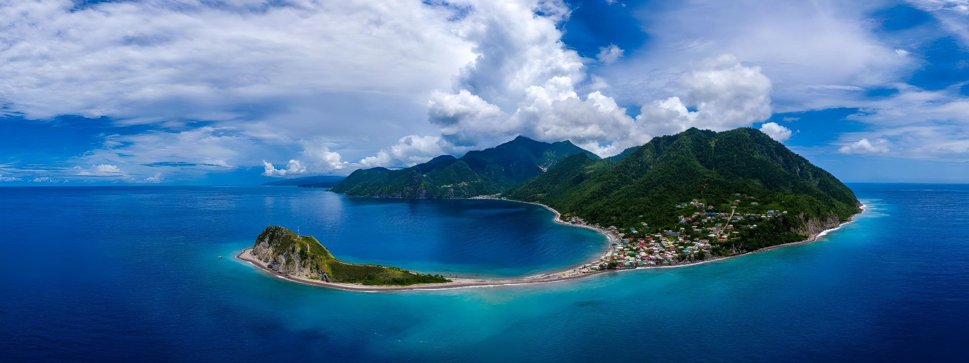 Aerial panoramic view of Scotts Head and Soufrière Bay in Dominica